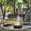 tree covered courtyard, walking space with fountain